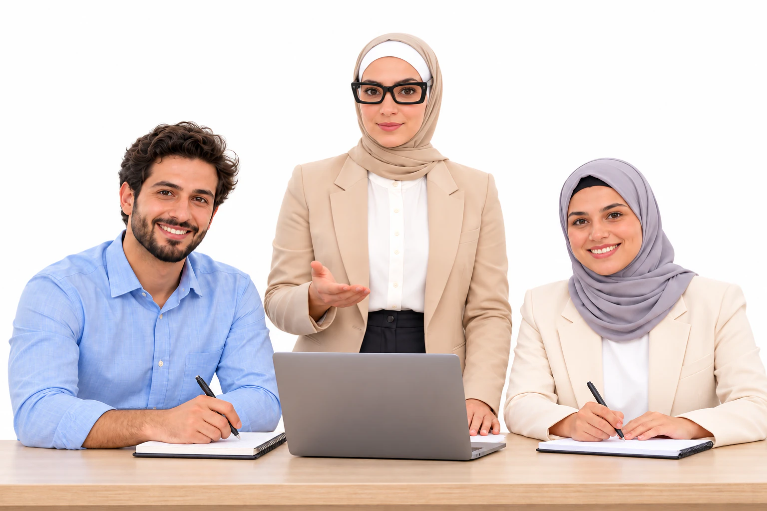 مدرّبة واقفة تشرح لمعلم ومعلمة على طاولة تدريب